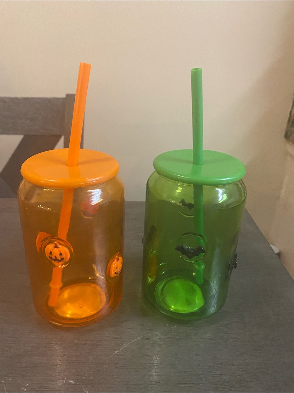 Orange and Green Halloween Jar Tumblers with Lids and Straws